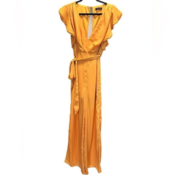 EUC Ambition Women’s Yellow Gold Sateen Jumpsuit Ruffle Cap Sleeve Tie Waist - S - Picture 2 of 6